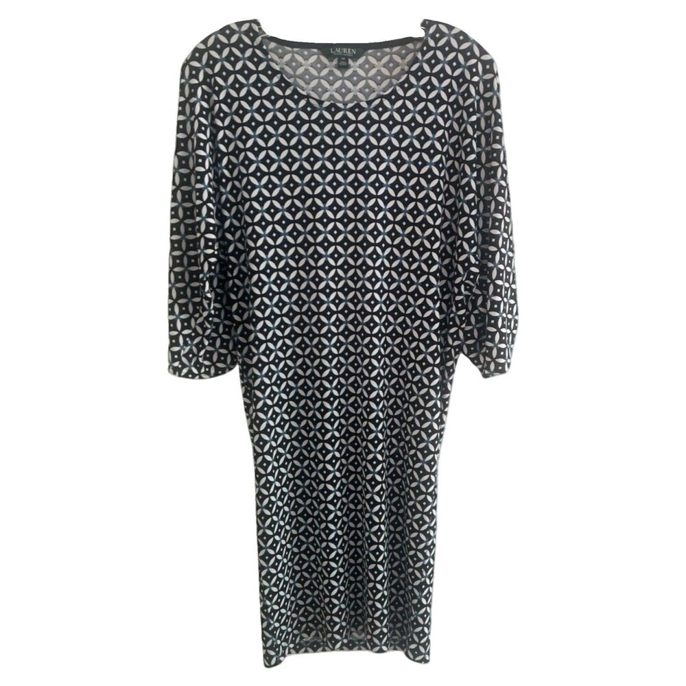 Lauren Ralph Lauren Shift Dress XS Black Blue Geometric Print Career Stretch
